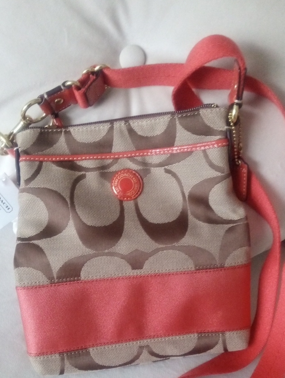 Coach Coral and Brown Signature Canvas Crossbody Bag
